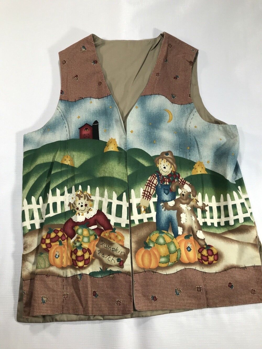 Vintage 90s Halloween Autumn Vest Womens Size XL Pumpkin Patchwork Reversible